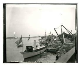 {Harbour scene, possibly Gananoque, Alexandria Bay or Clayton, steam ship Where Now and Gananoque...