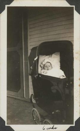 Baby in carriage, 6 weeks old