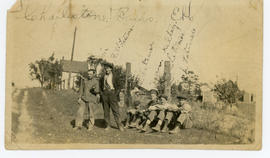 Group of 6 young men and boys inscribed “Charleston Bums” with names Me (Bob Wood) Bill Latimore, (Len?) Latimer, (Lorne?) Keltsey (sic) in WW1 army uniform, (Sam?) Latimer, Frank Latimore. –