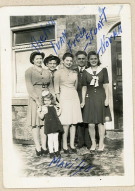 5 adults & child. L-R: Thelma, Ivan,Freda, Stuart, Norma. Child - Marilyn